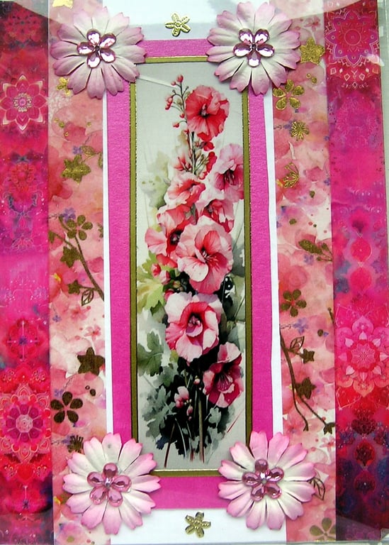 Pink Hollyhock Flowers - Hand Crafted Decoupage Greeting Card - Blank 3078