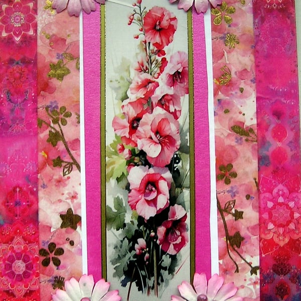 Pink Hollyhock Flowers - Hand Crafted Decoupage Greeting Card - Blank 3078