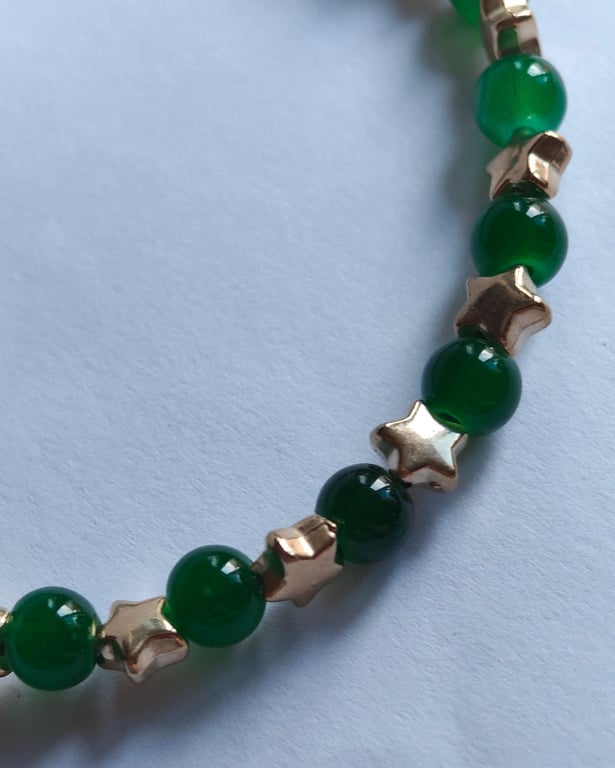 Green Glass & Gold Stars Bead Bracelet 