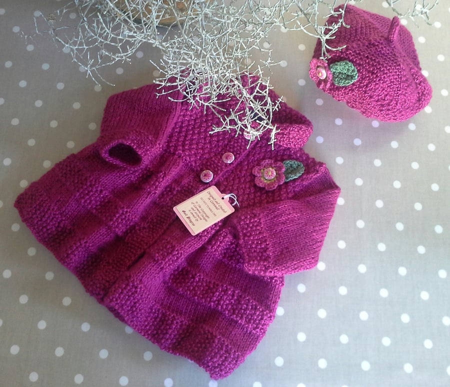 Baby Girl's Hand Knitted Jacket & Beret Set 3-12 Months Size