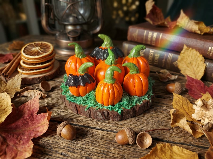 Handmade Air Dry Clay Pumpkin Patch on Natural Log Slice Autumn & Halloween Dec
