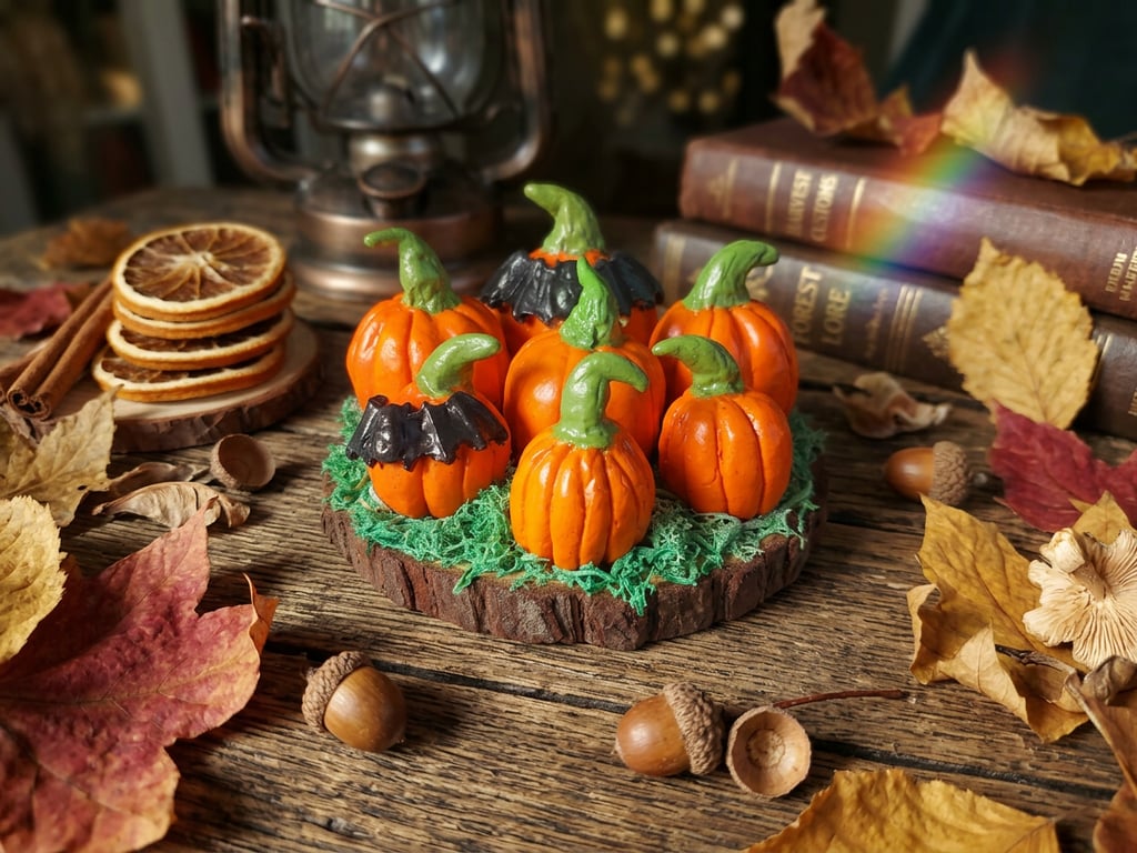 Handmade Air Dry Clay Pumpkin Patch on Natural Log Slice Autumn & Halloween Dec