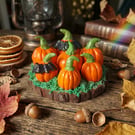 Handmade Air Dry Clay Pumpkin Patch on Natural Log Slice Autumn & Halloween Dec
