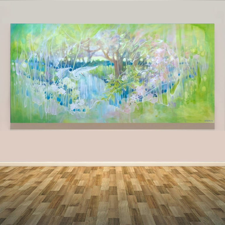 A Quiet Drama is a serene panoramic oil painting of a white egret by a river