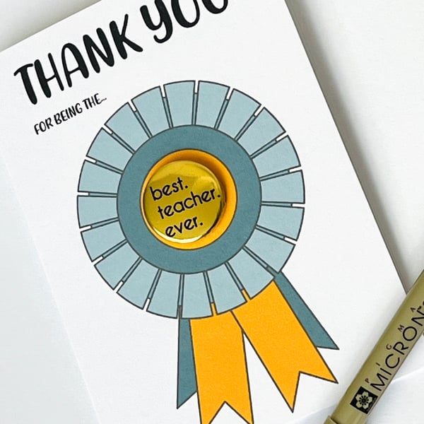 Best Teacher Ever end of term thank you card with keepsake badge. End of year te