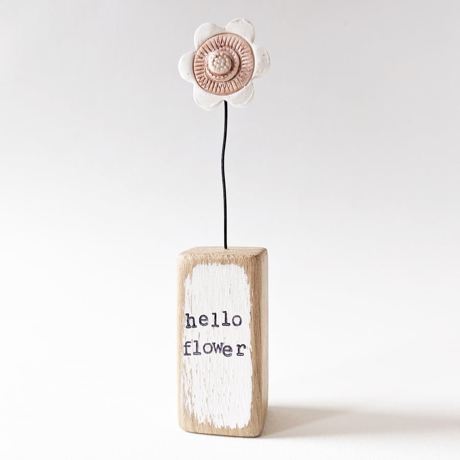 Clay Flower in a Painted Wood Block 'hello flower'
