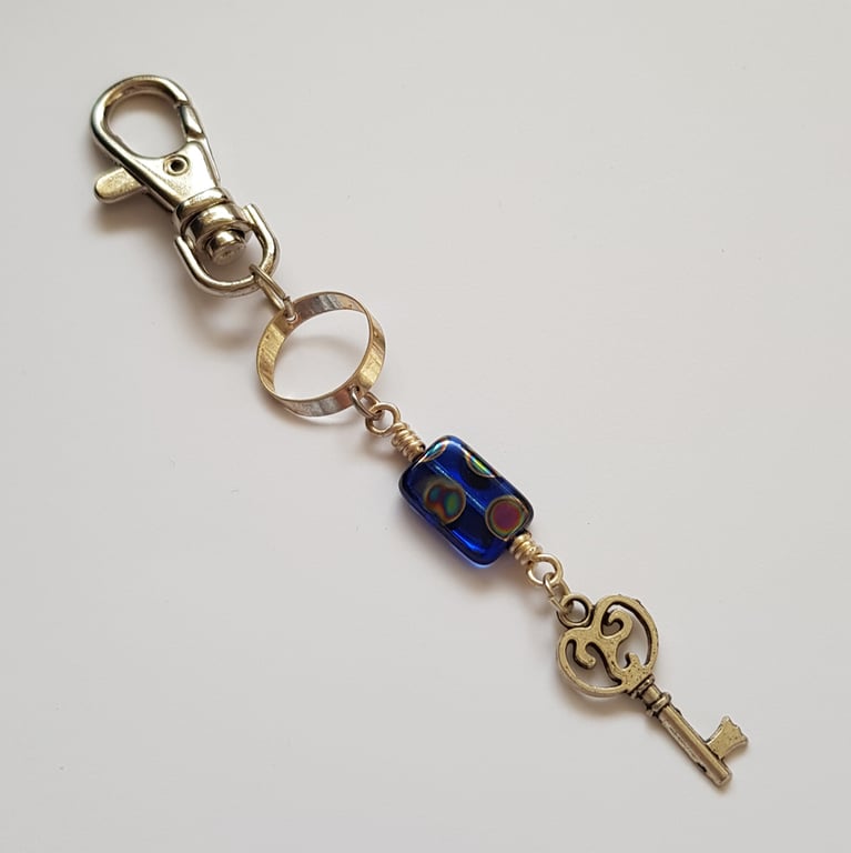 Blue Key Bag Charm with Patterned Bead - Handbag Clip