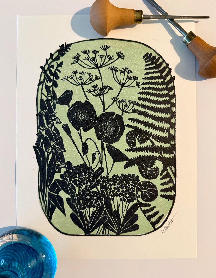 Ferns and foxgloves and..... An original, hand burnished multiblock lino  print 