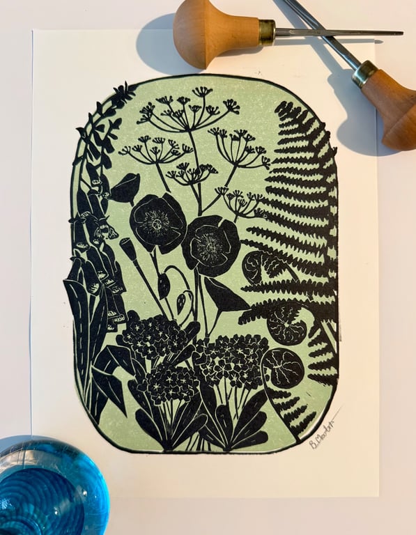 Ferns and foxgloves and..... An original, hand burnished multiblock lino  print 