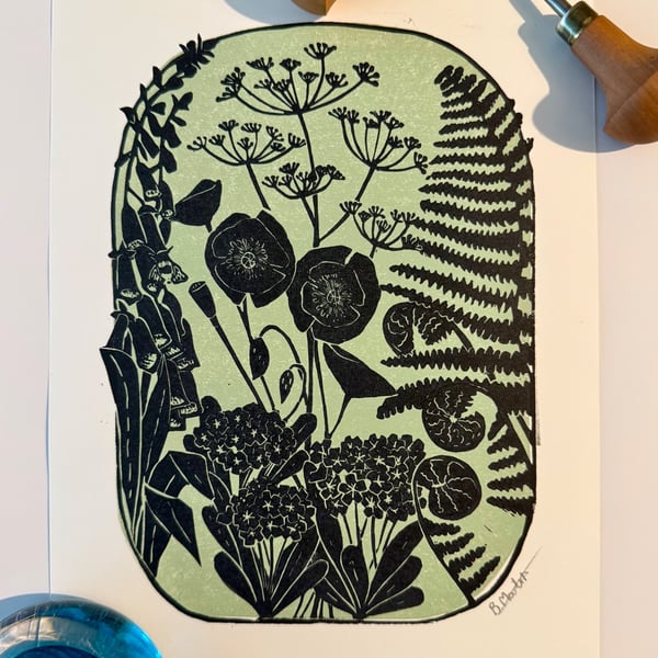 Ferns and foxgloves and..... An original, hand burnished multiblock lino  print 