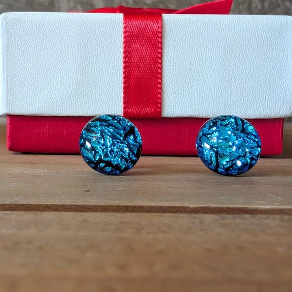 Dichroic Fused Glass Bright Blue Earrings - Studs