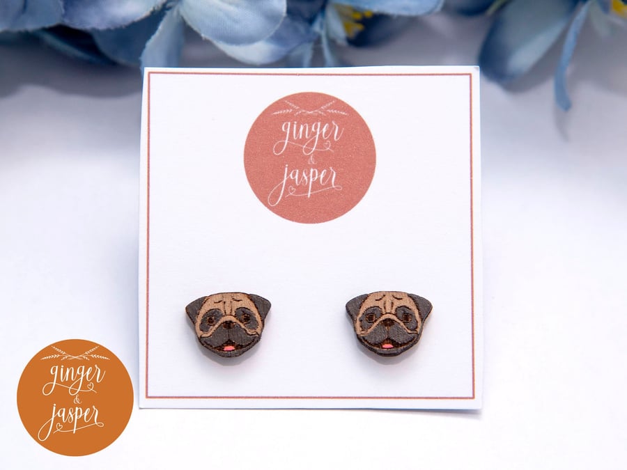 Pug Stud Earrings, Hand Painted Wooden Dog Earrings, Wood Studs, Dog Lover Gift