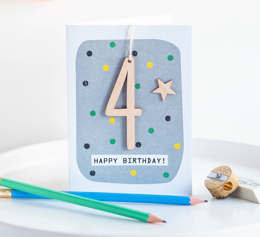 Age 4 Birthday Card - Keepsake Card, Handmade Card, Kids Card, Happy Birthday, A