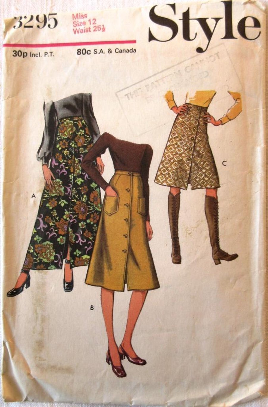 A vintage sewing pattern for a misses' skirt in 3 lengths in size 12 