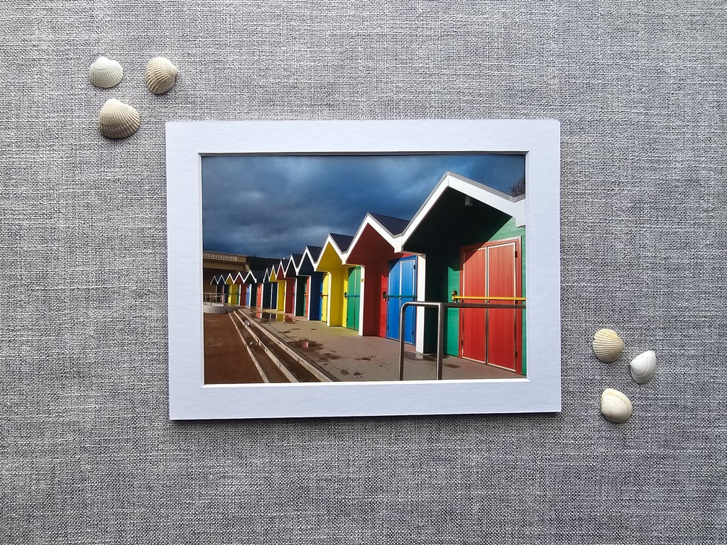 Colourful Beach Huts 7" x 5" Photo Print with White Mount
