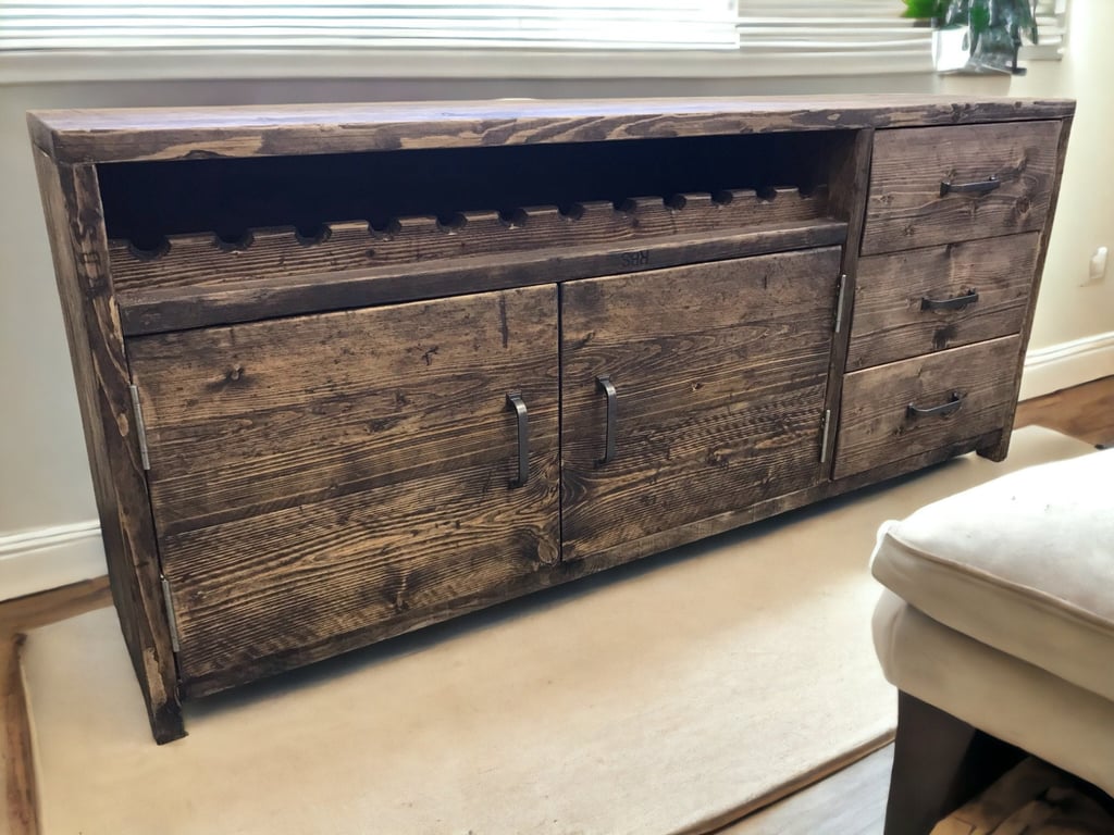 Reclaimed Wood Sideboard with Wine Rack Rustic Living Room Cabinet THE RIGA