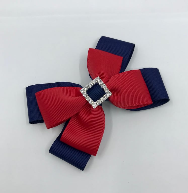 Navy and Red Double Layer Bow on Clip