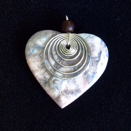 Stone Heart Pendant: Grey, Blue & Pink with Wooden Bead & Wirework Spiral Design