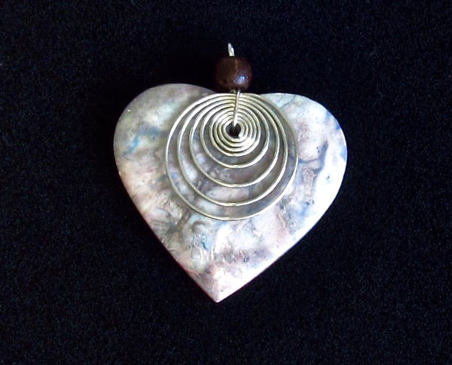 Stone Heart Pendant: Grey, Blue & Pink with Wooden Bead & Wirework Spiral Design