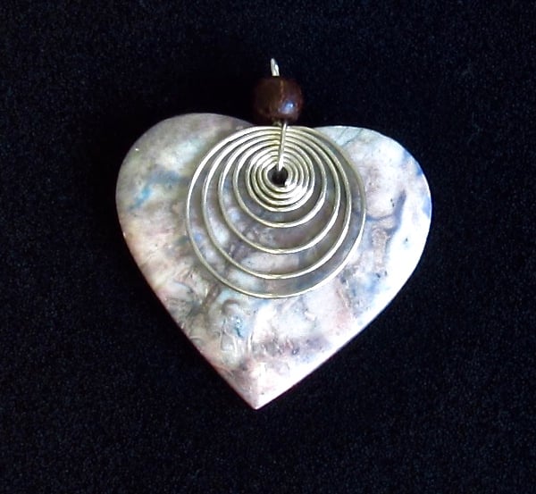 Stone Heart Pendant: Grey, Blue & Pink with Wooden Bead & Wirework Spiral Design