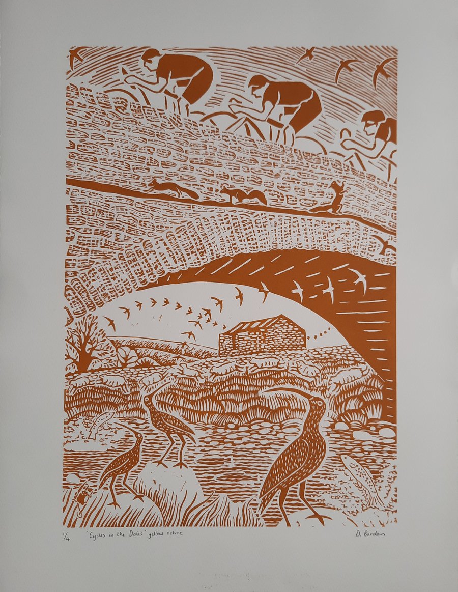 Large limited edition linoprint.  Cyclists, bridges, countryside, 