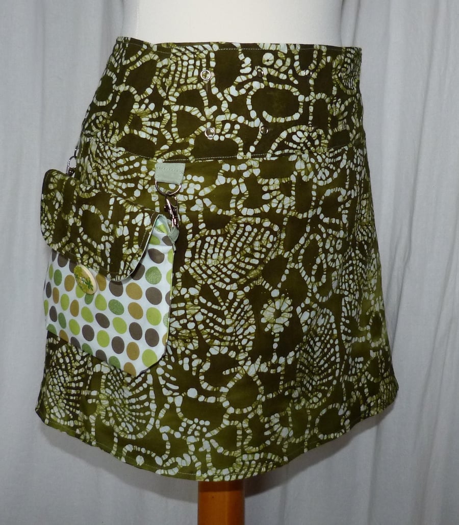 Adjustable Wrap Skirt 28" to 40" Waist with detachable Hip Bag in Green Batik