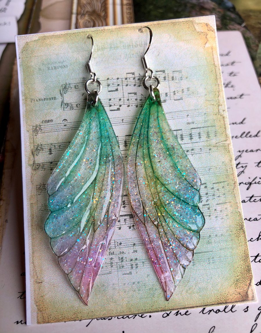 Large Pastel Coloured Sterling Silver Fairy Wing Earrings Style 2