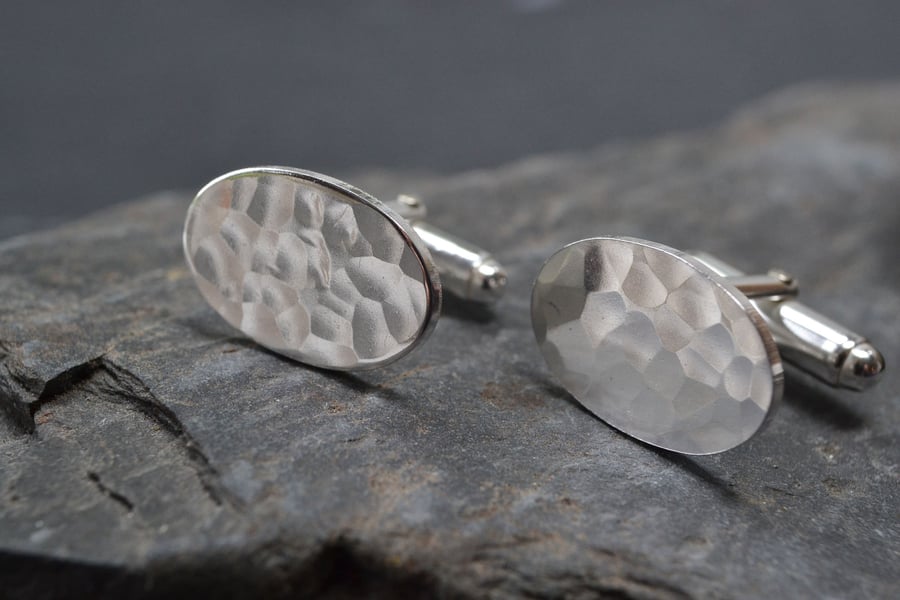 Oval sterling silver hammered cufflinks