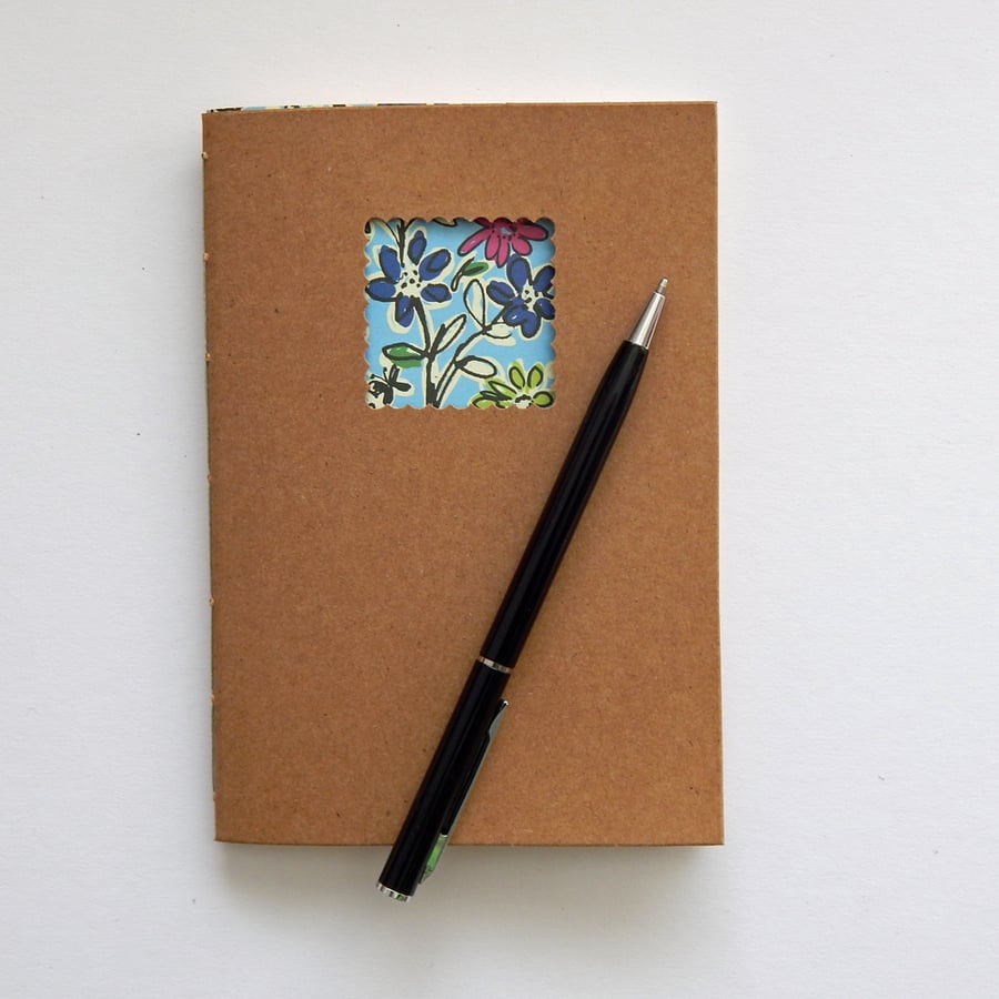 Blue Floral Moleskine style Notebook with Cream paper - 6x4 ins hand bound book