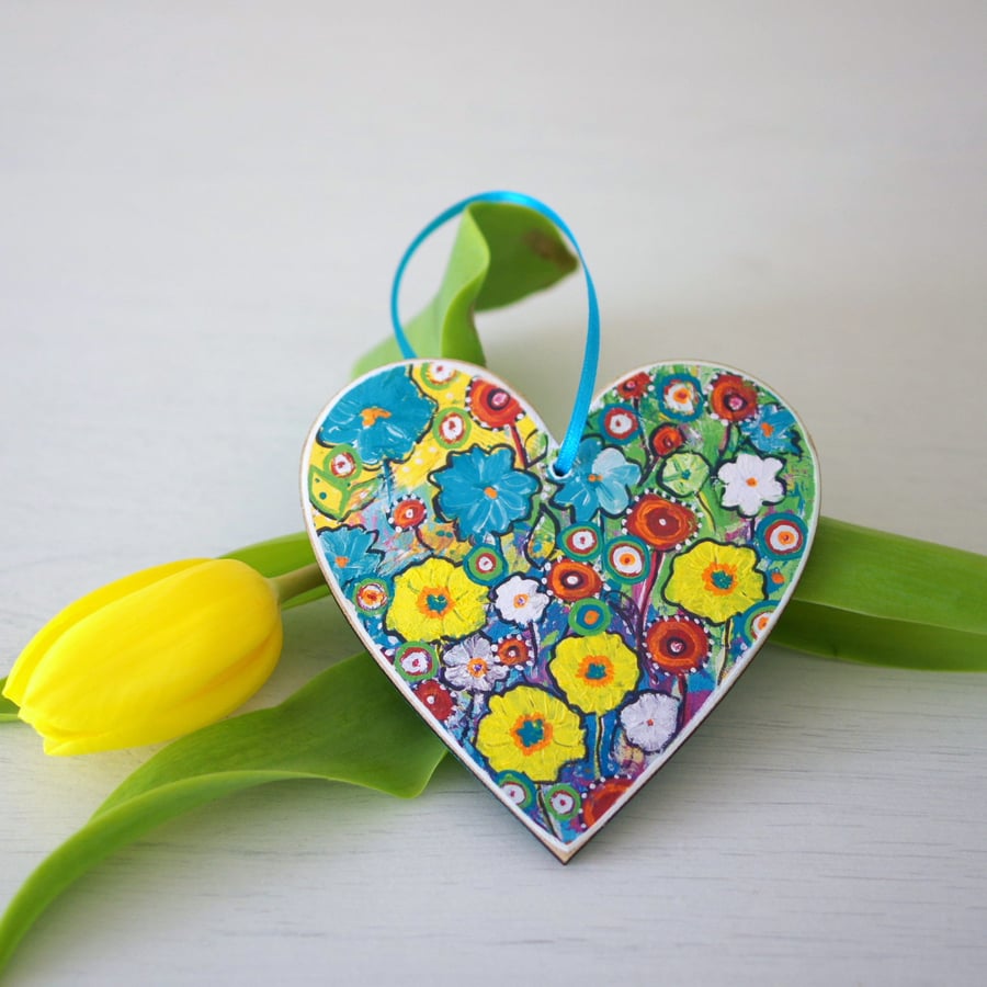 Turquoise Heart Hanging Decoration with Yellow Flowers, Easter Decoration