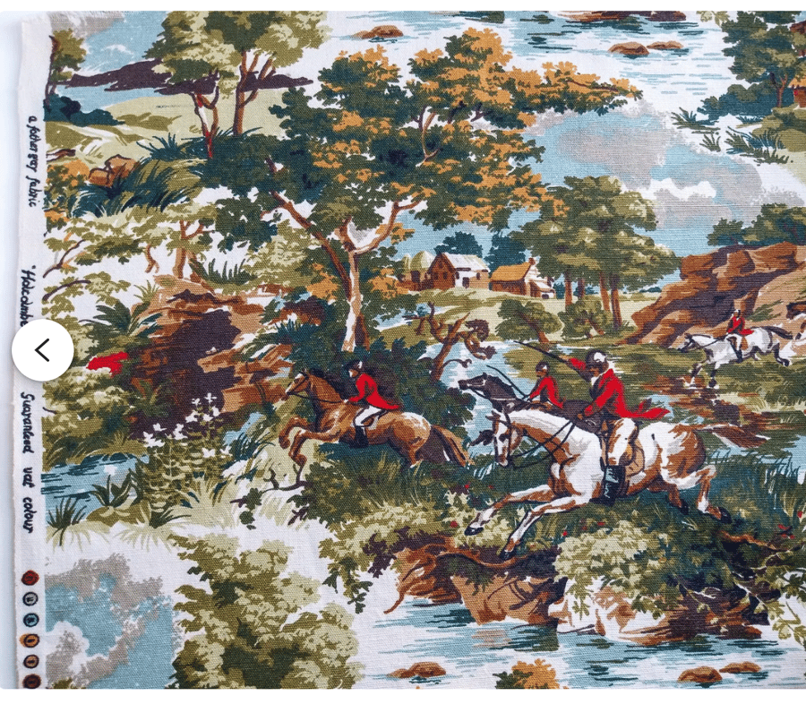 Vintage Hunting scene LINEN fabric, Halcolmbe by Fothergay, OFFCUT