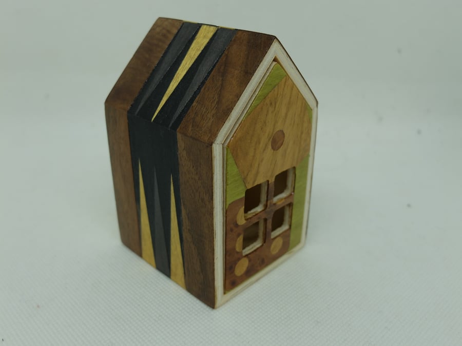 Small house shaped trinket box with drawer, backgammon design