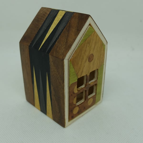 Small house shaped trinket box with drawer, backgammon design