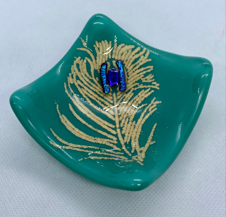 Fused glass peacock feather trinket dish