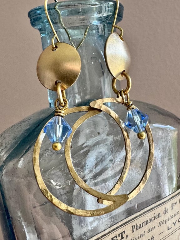 Golden brass earrings with Blue Czech Crystals Handmade in Cornwall