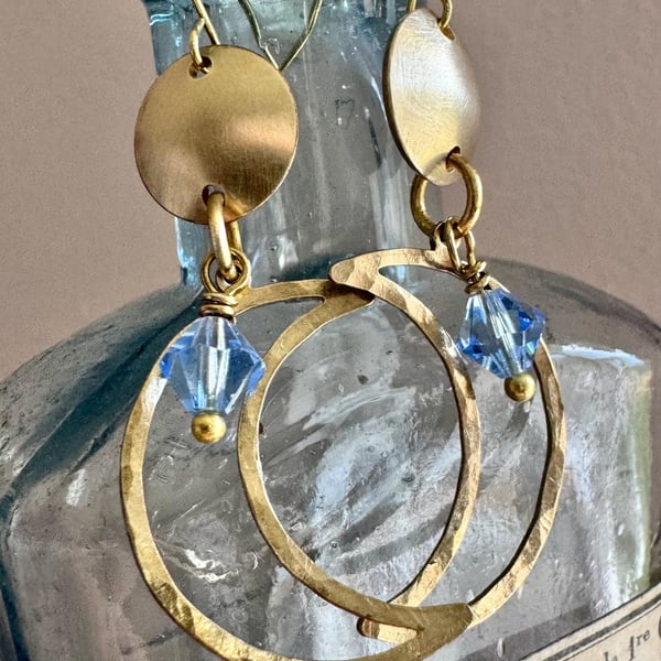 Golden brass earrings with Blue Czech Crystals Handmade in Cornwall