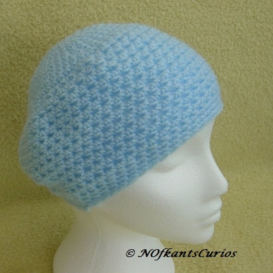 Baby Blue Crocheted  Slouchy or Beret, with single and double crochet styles.