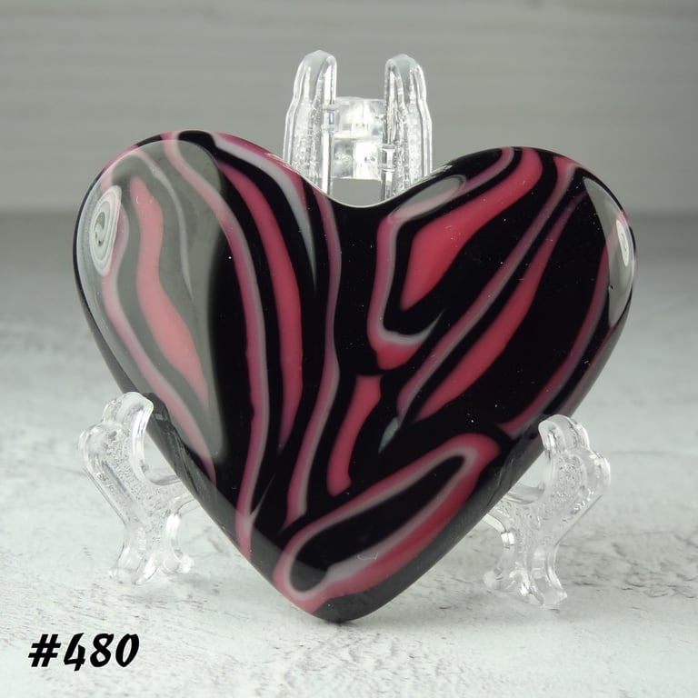 Pink and black fused glass heart with acrylic stand, 5x4.5cm, handcrafted (480)