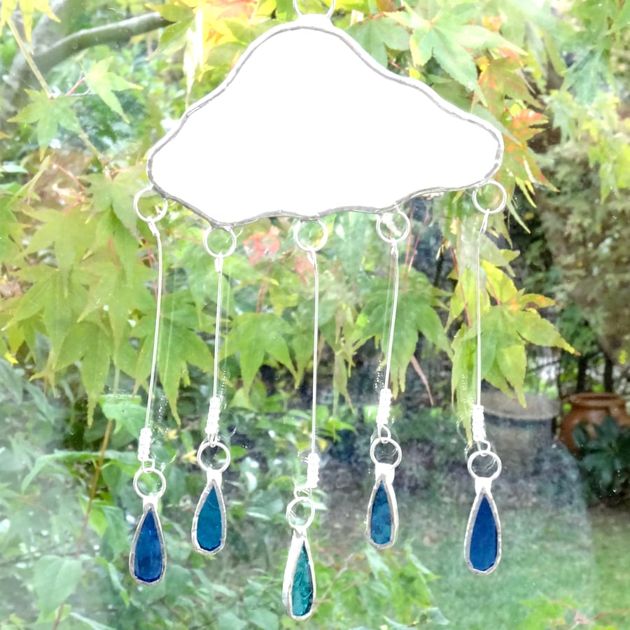 Stained Glass Rain Cloud - Handmade Hanging Window Decoration - Blue