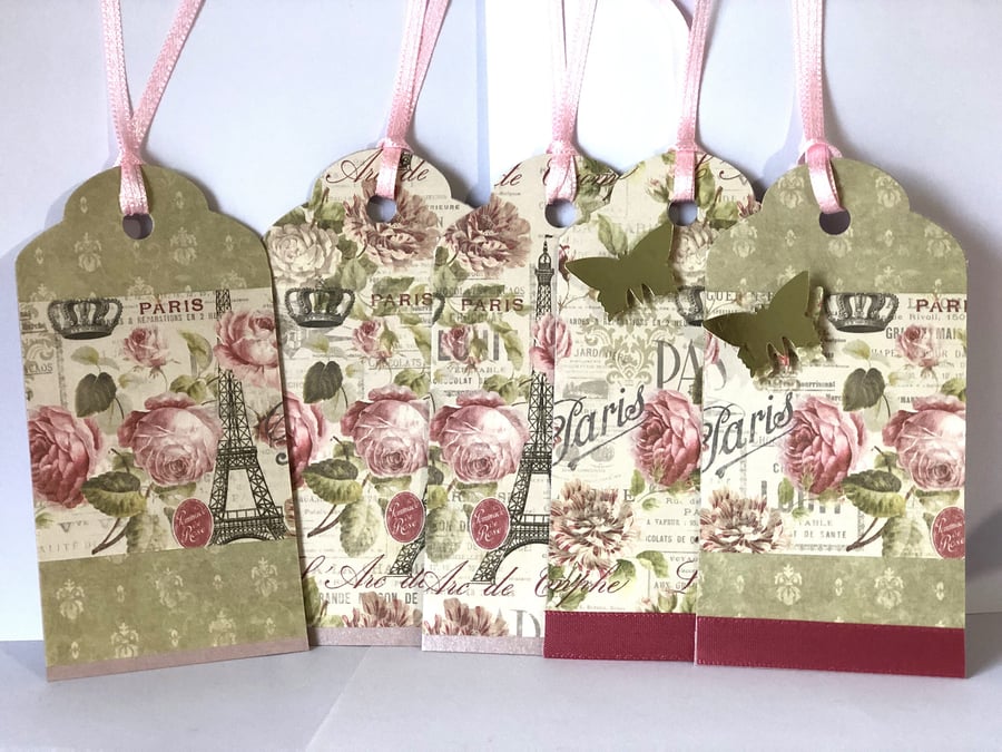 Paris Rose Gift Tag Set: Handmade Butterfly Embellished Tags. Optional bookmark 