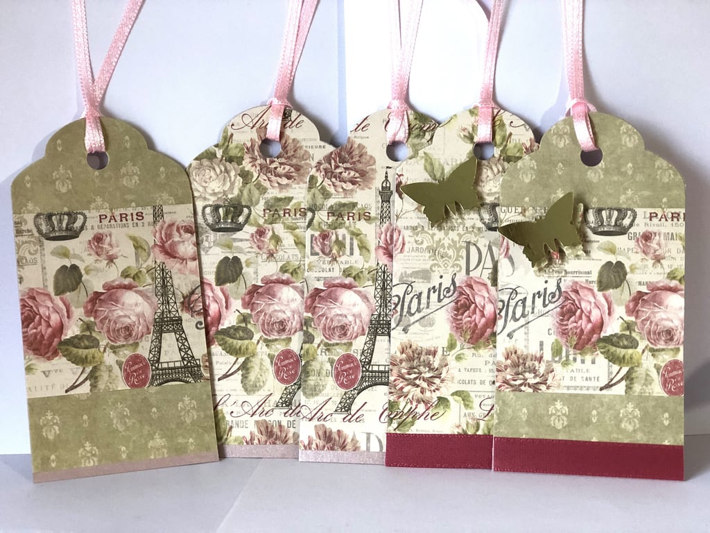 Paris Rose Gift Tag Set: Handmade Butterfly Embellished Tags. Optional bookmark 