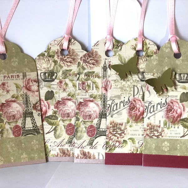 Paris Rose Gift Tag Set: Handmade Butterfly Embellished Tags. Optional bookmark 