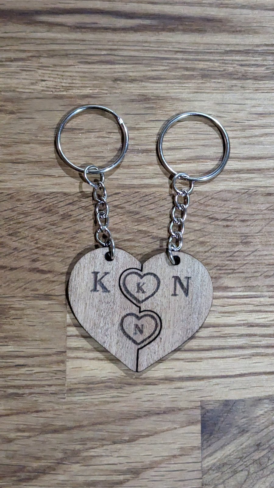 Personal Lovers Couples Keyring - Personalized solid Mahogany Wood Key Chain - V