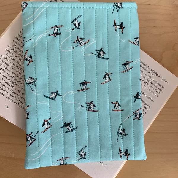 Penguins On Ski’s Fabric Quilted Book Sleeve - Paperback Size