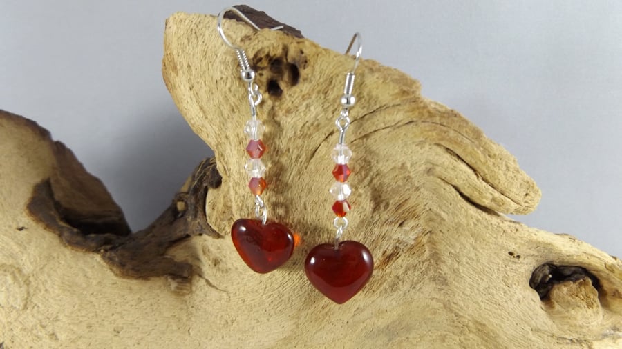 Red Heart and  crystal earrings