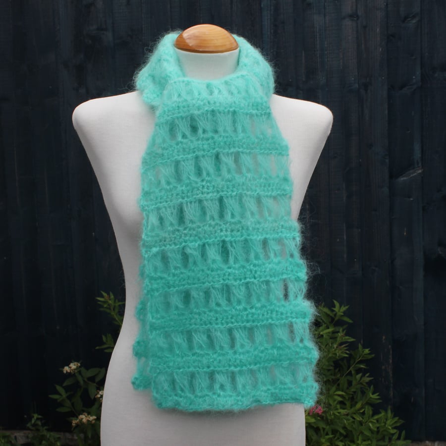 Crochet Broomstick Lace Scarf in Aqua Mohair