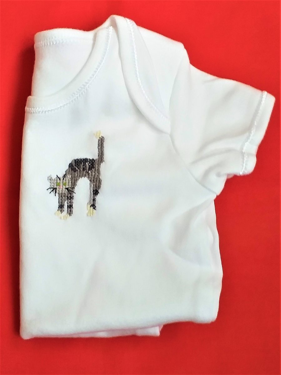 Cat, Baby Vest, age 3-6 months, hand embroidered