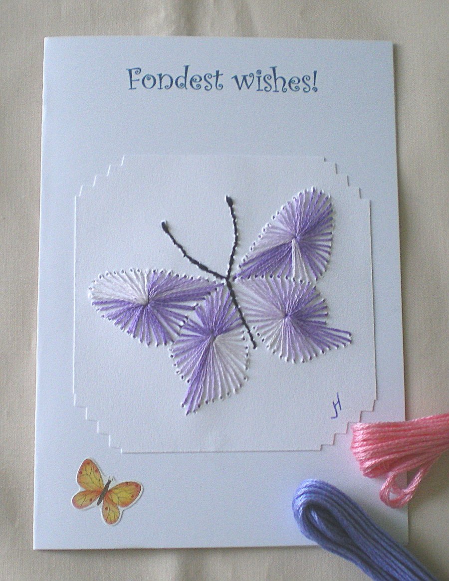 Personalised  embroidered card, Fondest Wishes, Butterfly, White card,R 42