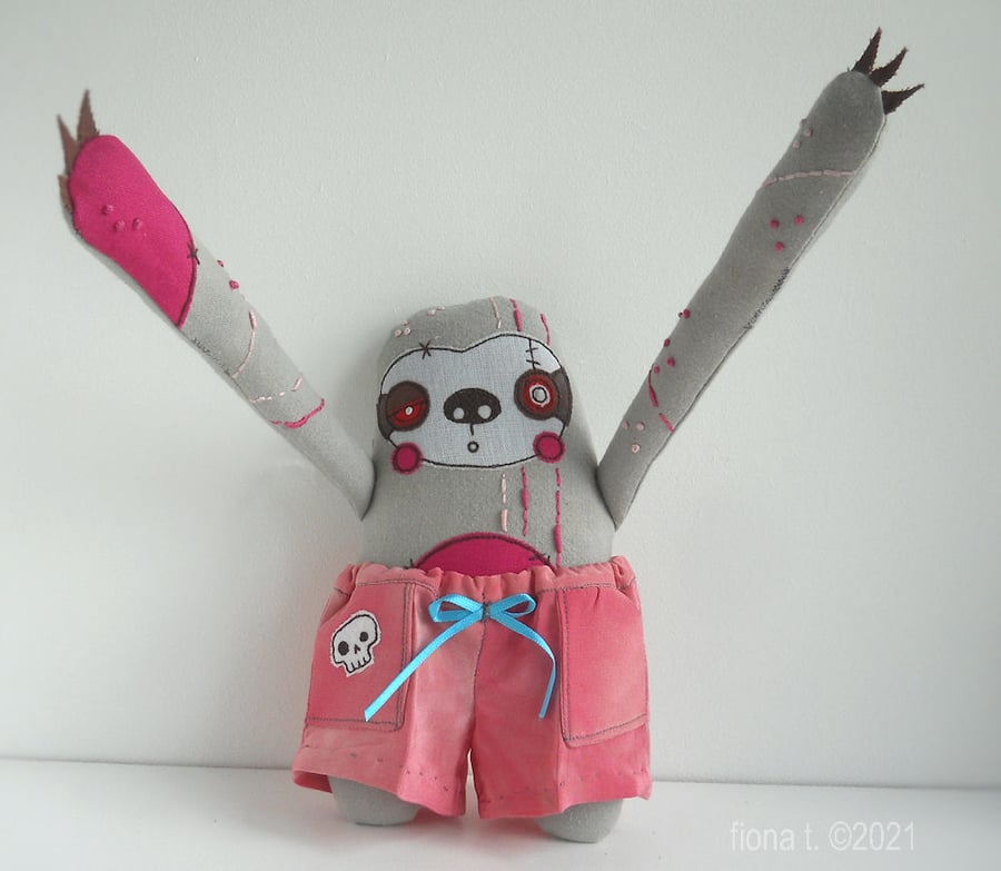 hand & freemotion embroidered zombie sloth in silk pyjamas - hot pink