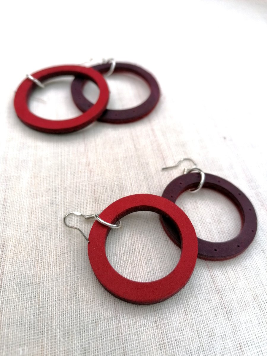 Colour Duo Leather Hoop Earrings - Burgandy & Red, Sterling Silver
